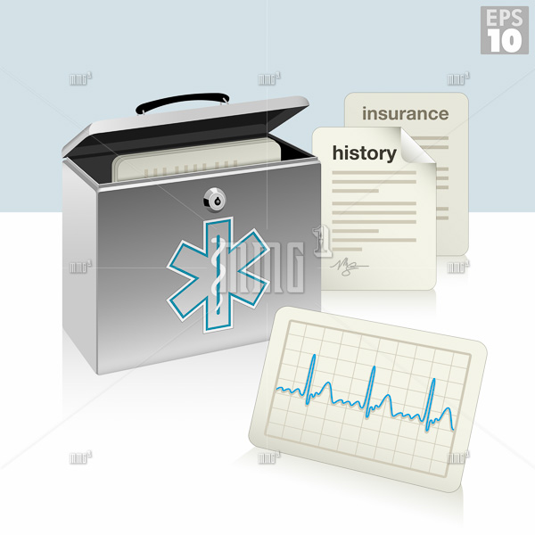 Medical security box with medical history, ecg, and insurance documents, protected patient information.