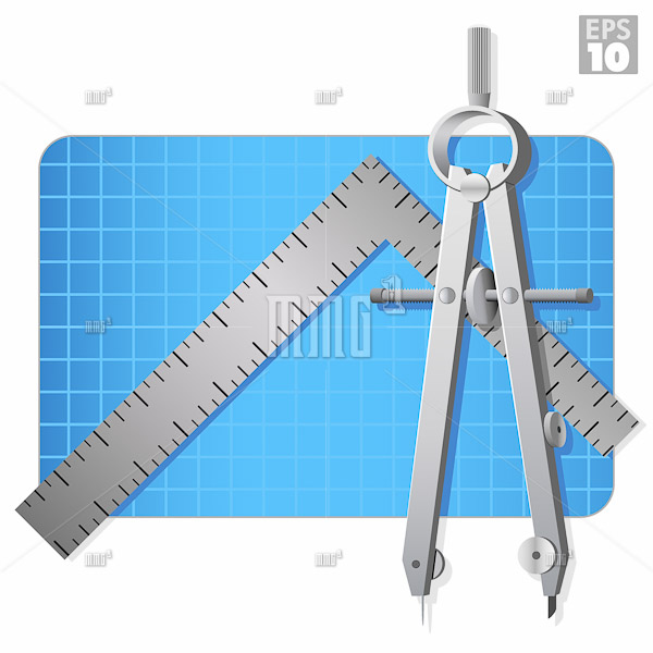Architectural compass, metal square ruler, and construction blue