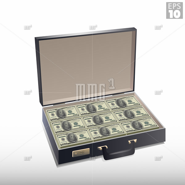 Briefcase full of money, with stacks of hundred dollar bills