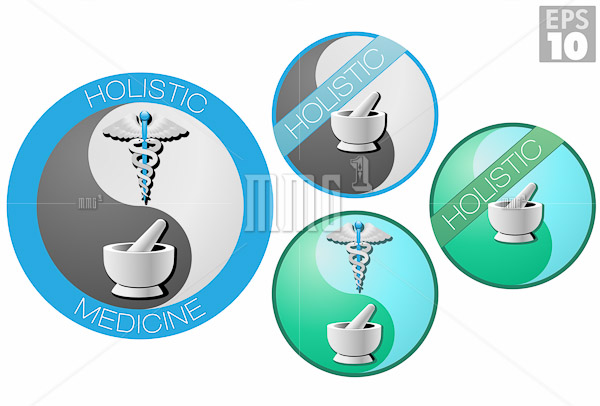 Holistic medicine icons, caduceus, short staff entwined by two s