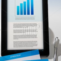 Marketing proposal on a tablet screen with printed documents and pen.